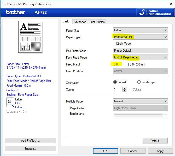 Brother PJ-722 Basic Settings