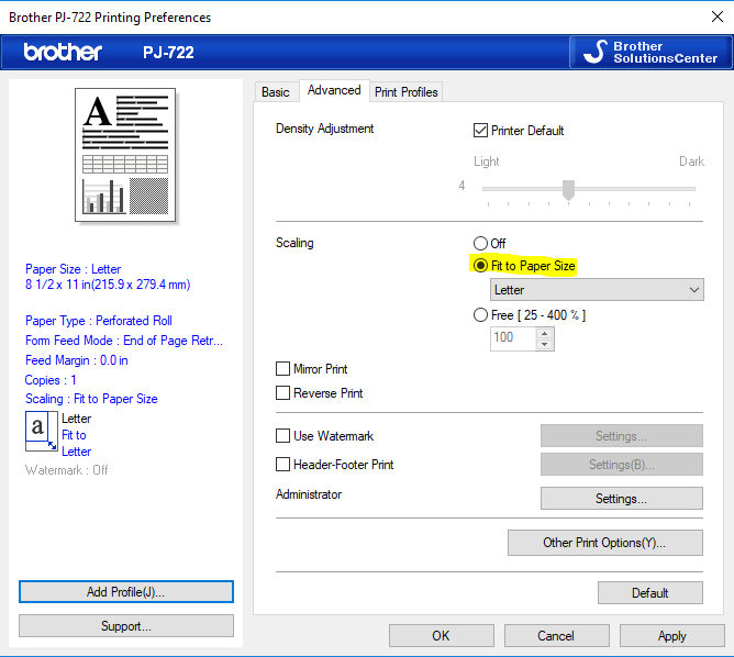 Brother PJ-722 Advanced Settings